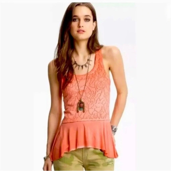FREE PEOPLE Rally Tank Top Orange Perforated Peplum Summer Tank EUC XS - Picture 3 of 8